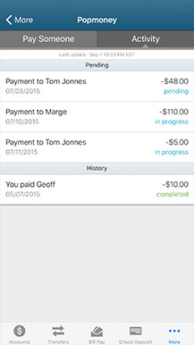example of mobile banking popmoney activity screen