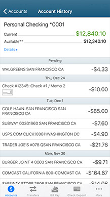 example of mobile banking account history screen