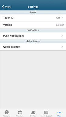 example of mobile banking settings screen